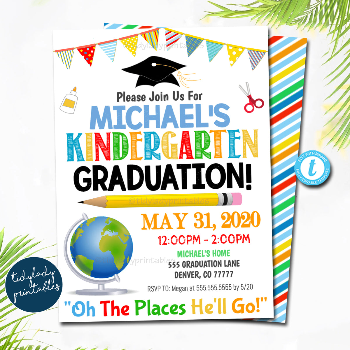 Boy Kindergarten Graduation Invitation, Oh the Places He'll Go — TidyLady  Printables