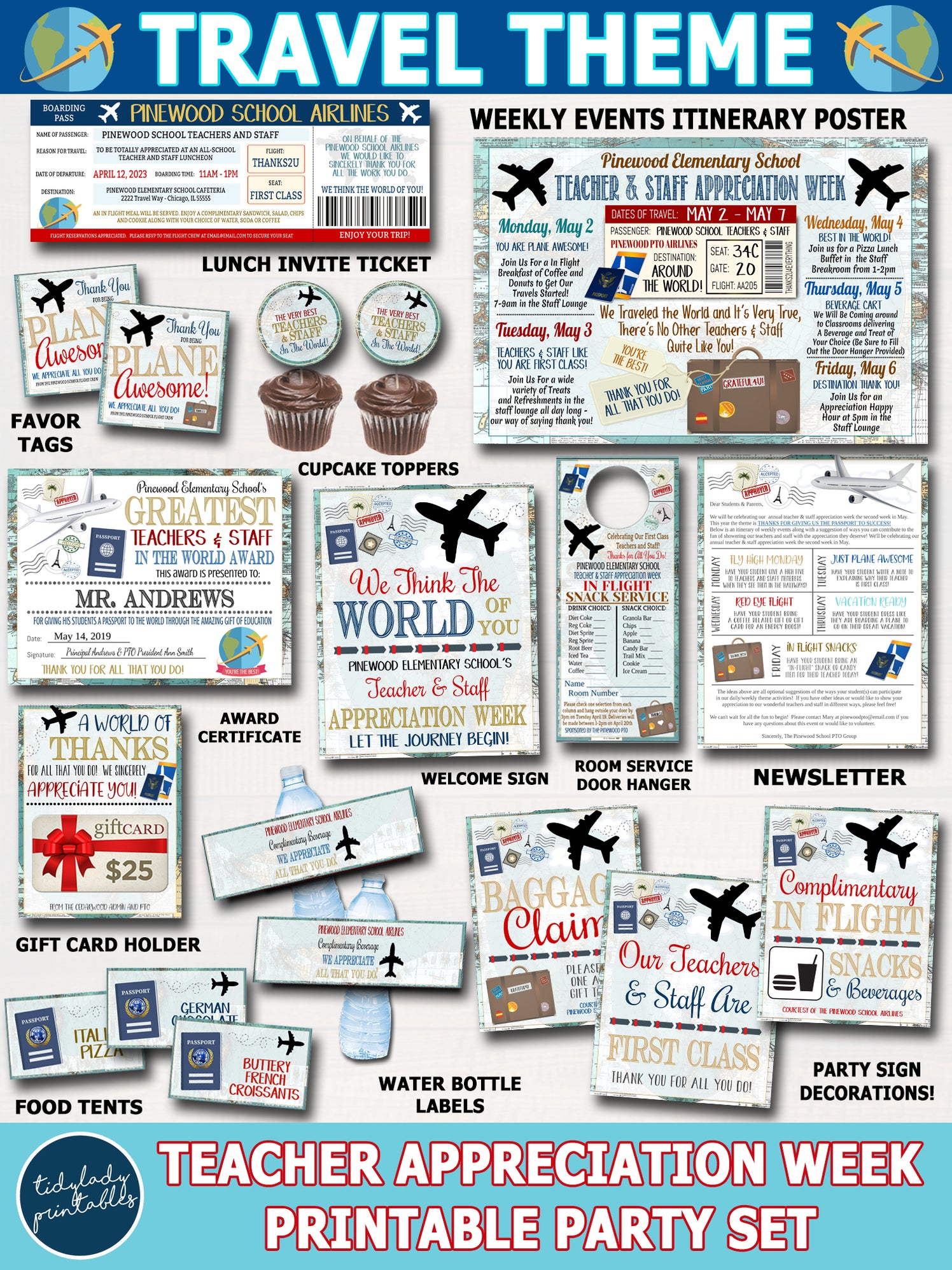 World Travel Map Theme Teacher Appreciation Week Party Set — TidyLady ...