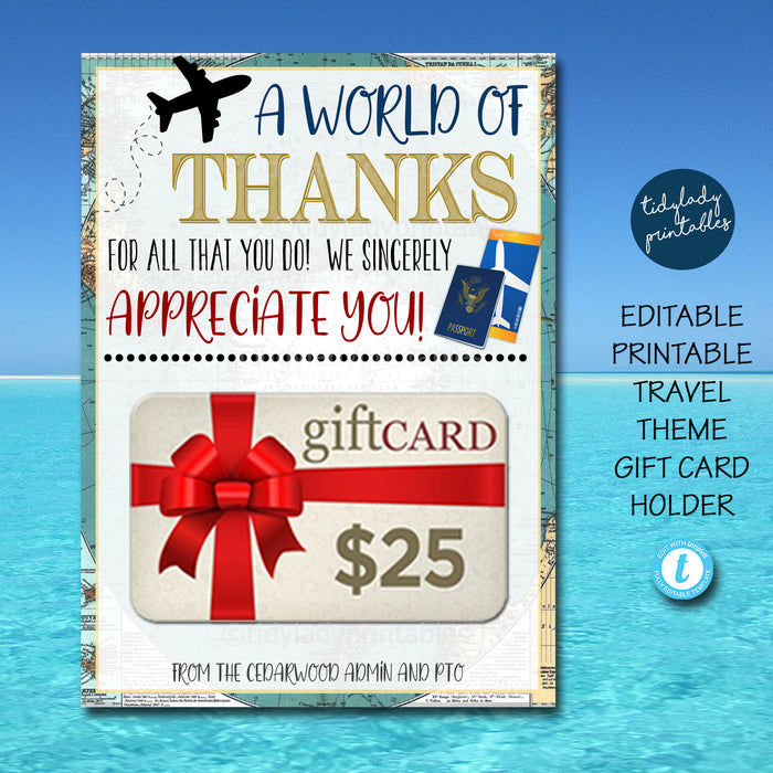 World Travel Theme Teacher Appreciation Week Printable Gift Card Holder